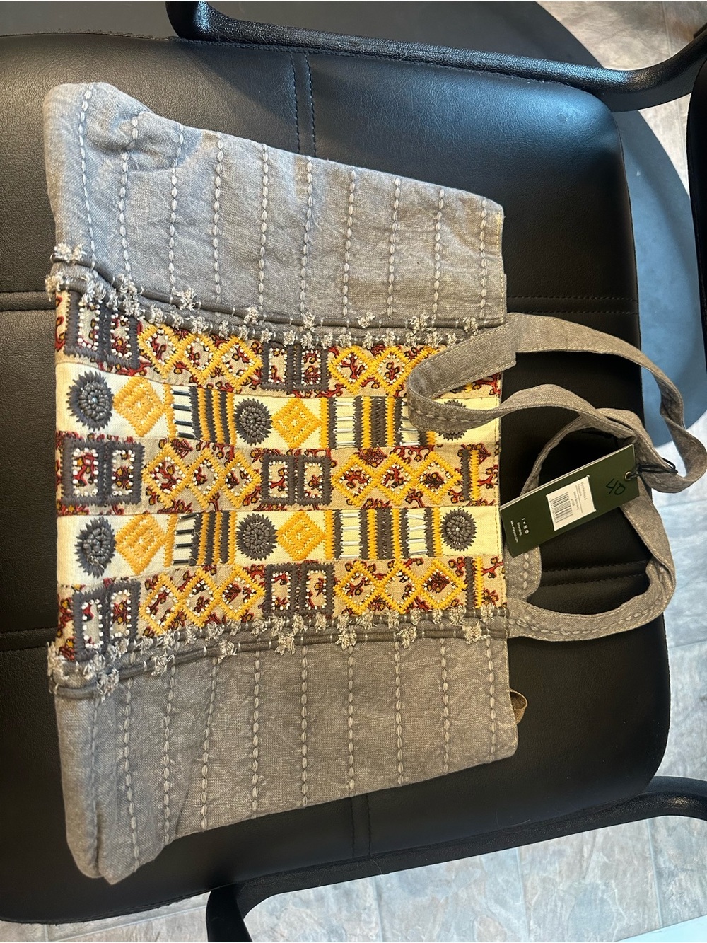 Myra Bag Gray Tote with Yellow Embroidered Panel - Picture 2 of 2